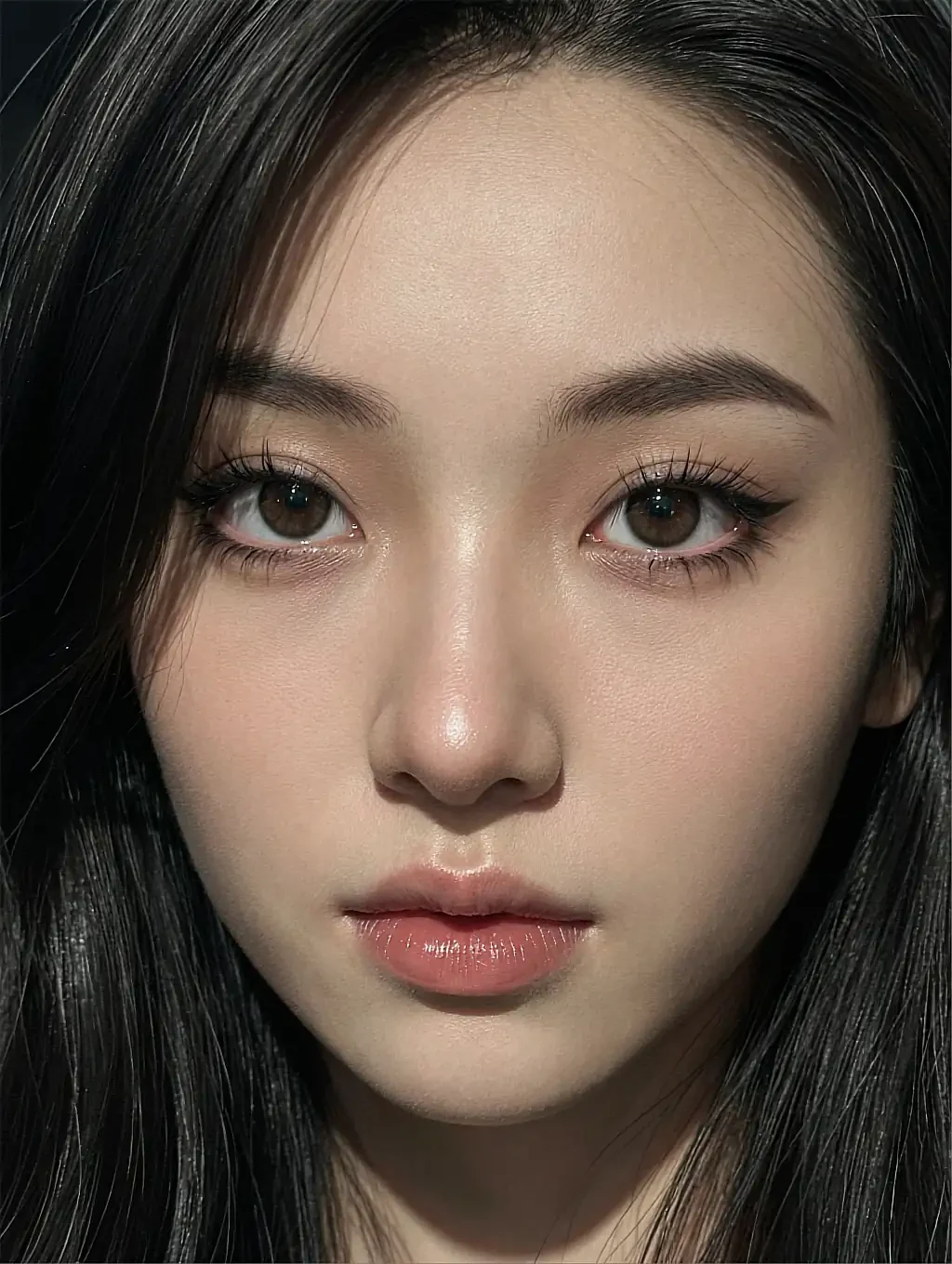 Close portrait of a fictional AI character with dark hair, bare shoulders in soft daylight