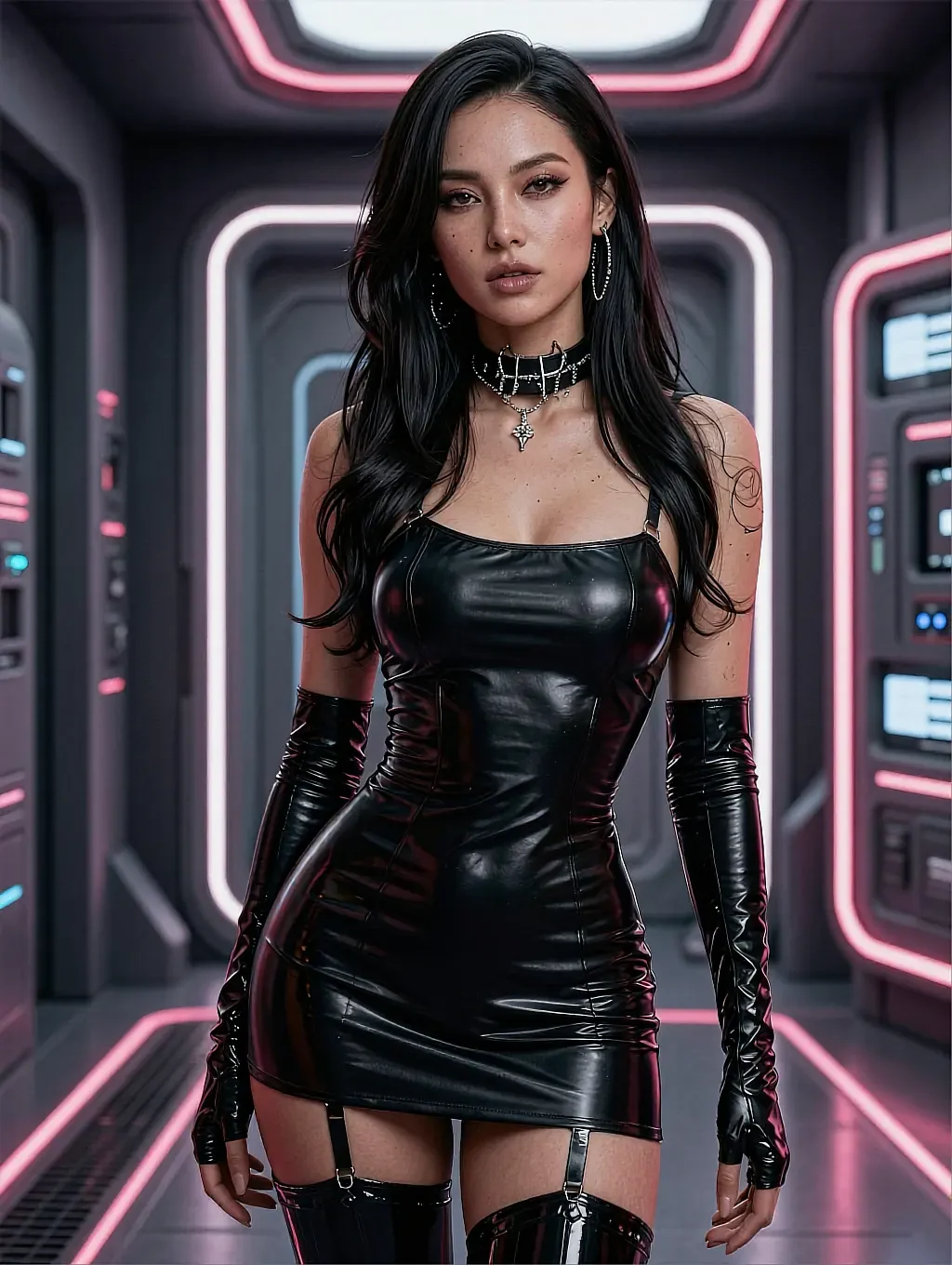 Fictional AI character in a black latex dress and long gloves in a neon-lit corridor