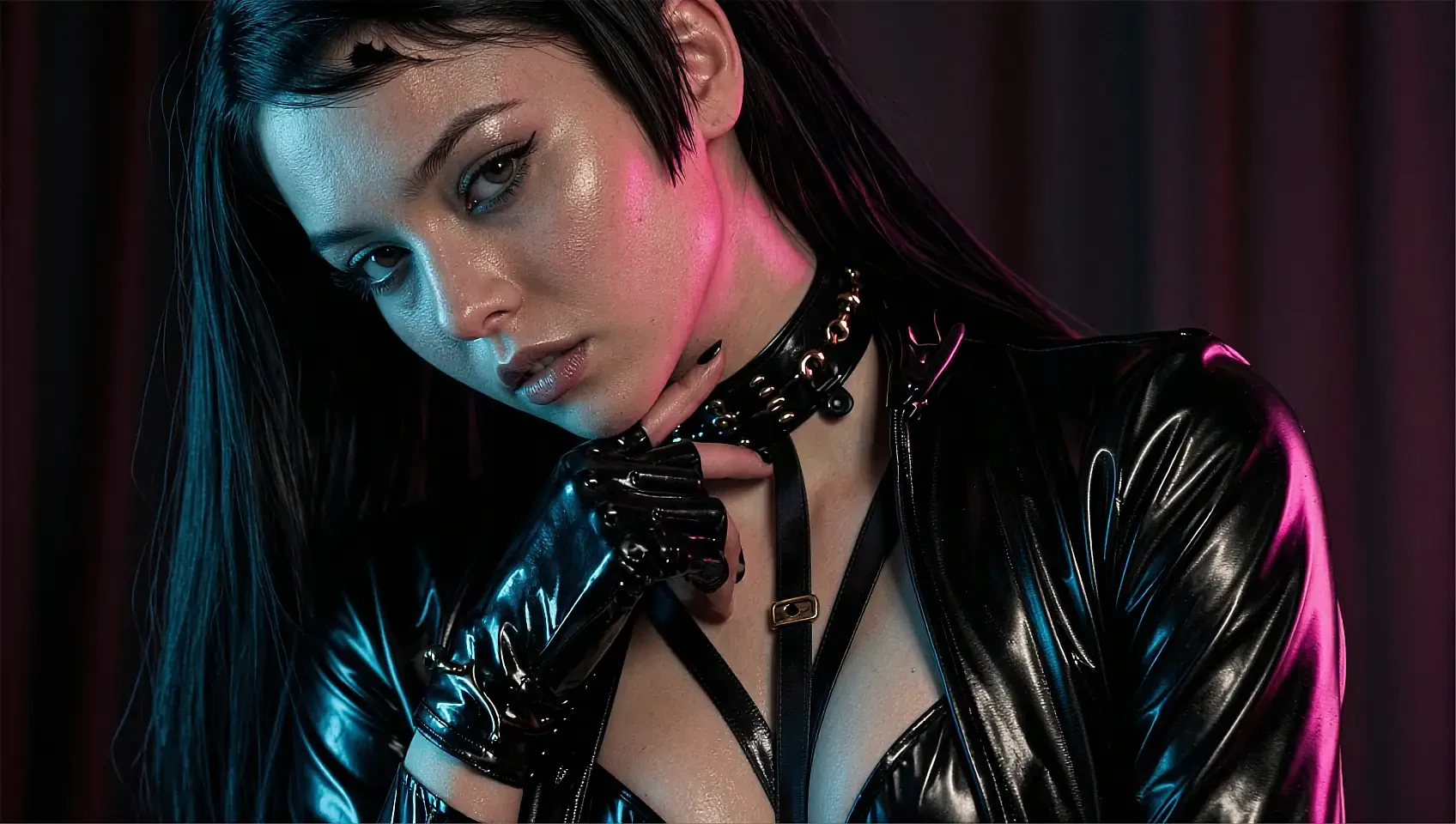 Fictional AI character in a glossy black jacket and studded choker, gloved hand at her chin, split pink and blue light