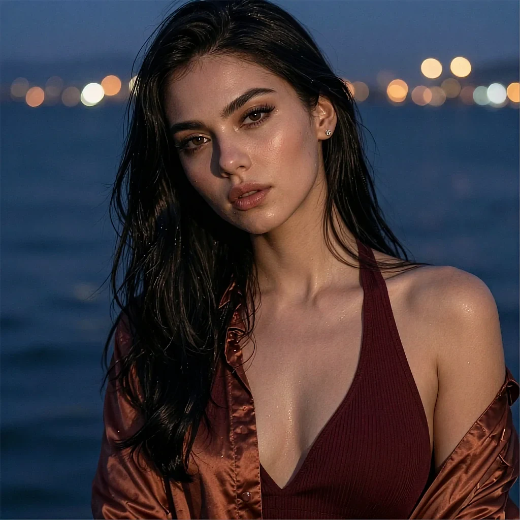 Profile card of a fictional AI character in a dark-red top against night-city bokeh