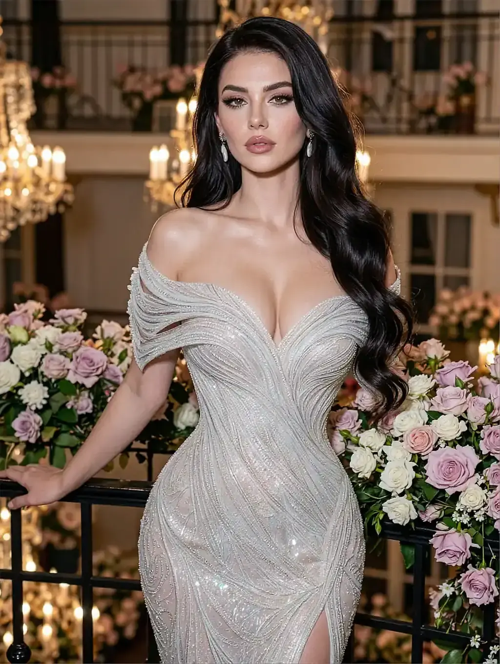 Fictional AI character in an off-shoulder white gown on a balcony dressed with roses and chandeliers
