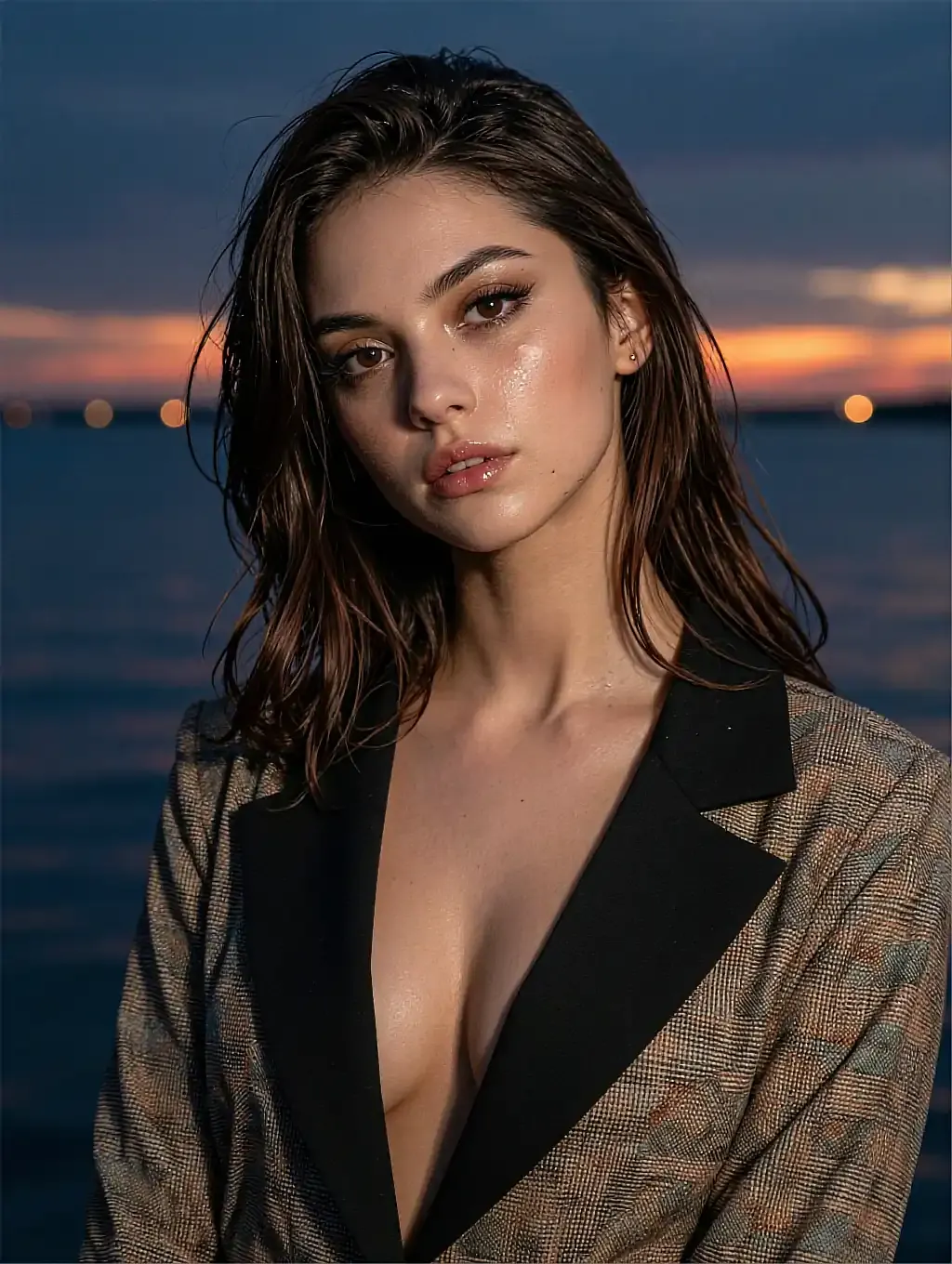 Fictional AI character in an oversized blazer by the sea at dusk