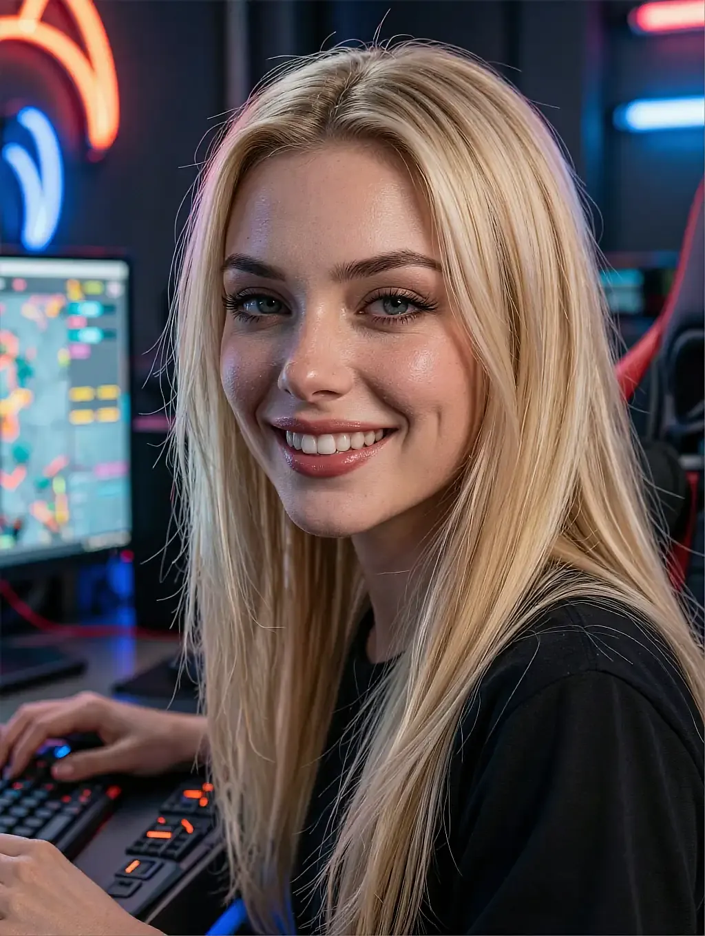 Fictional AI character smiling at a desk with a backlit keyboard and monitors