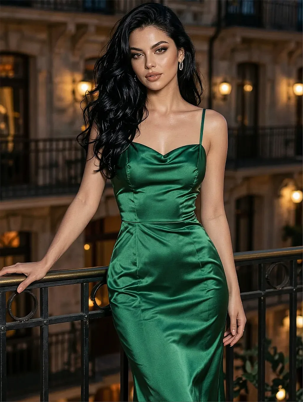 Fictional AI character in an emerald satin dress on a wrought-iron balcony at night